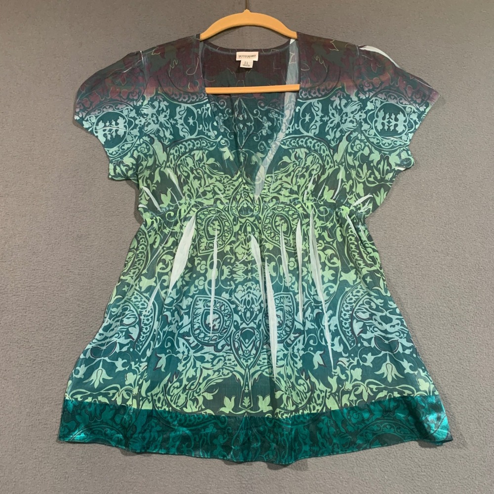 Y2K Motherhood Maternity Womens L Teal Green Babydoll Top Short Sleeve Fairy